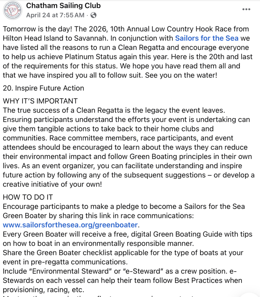 20. Inspire Future Action<br>As we continue our ongoing efforts to hold Clean Regattas we are finding that participants and club members are much more aware of our reasons and guidelines. I learned that one racer from another club was from a Chicago club that always held Clean Regattas and she was working to continue that here at her club who we race with. She will be moving to Charleston SC where she can further influence and inspire. I currently am working with high school students who have created a Clean Coast club at their 2 schools. A work in progress.